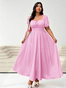 Solflare Plus Size Women Cerise Pink Summer Curve Dress,Short Sleeve Tie Front Waist Cinched Elegant Holiday Party Outfits,Casual Wedding Guest Dress - Pink - View 5