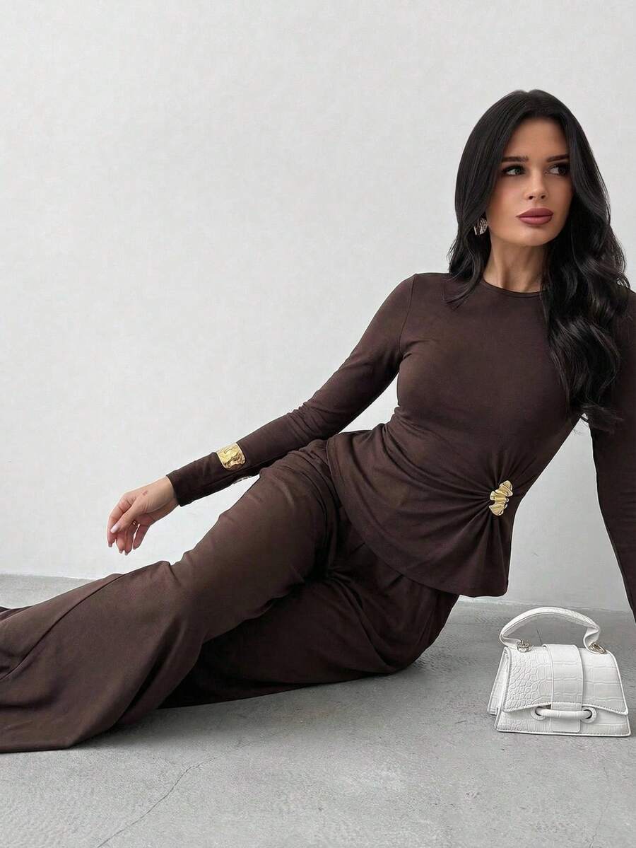 Firerie Bộ đồ nữ thường ngày thanh lịch gồm áo dài tay và quần ống rộng, chất liệu dệt kim, thân thiện với da, thích hợp mặc hàng ngày. - màu nâu - Xem 1
