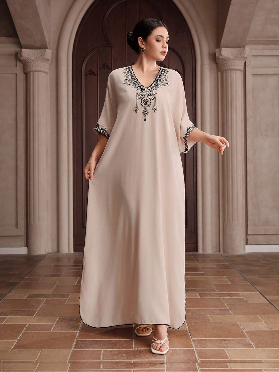 Graceveil Đầm nữ cổ chữ V dáng rộng thanh lịch xẻ tà cho mùa hè - Màu be - Xem 1