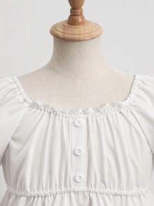 SHEIN 1pc Girls' White Summer Elegant Tea Party Vintage Floral Collar Blouse,Puff Sleeve Square Neck Cinched Waist Top,Loose Fit Flattering Shirt,Daily Wear - White - View 3