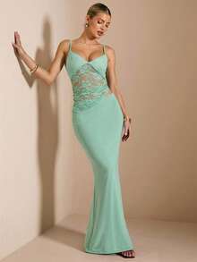 SHEIN BAE Đầm maxi ren đen xuyên thấu gợi cảm, thích hợp cho kỳ nghỉ hè ở bãi biển, phù hợp cho hẹn hò hàng ngày, đi chơi đêm, hộp đêm, tiệc tùng, gặp gỡ bạn bè, tiệc cocktail, tiệc bể bơi, trang phục mùa tựu trường, váy mùa đi học, váy dự tiệc cho nữ. - Màu xanh Cadet - Xem 7