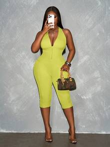 Slaydiva Spring/Summer New Avocado Green Sleeveless Halter Tie-Knot Deep V-Neck Partial Cutout Design High Stretch Ribbed Knit Fabric Plus Size Women Jumpsuit - Yellow - View 5