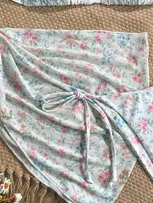 Swim Mod Women's Sweet Floral Print Halter Neck Triangle Bikini Top With Tie Side Bottoms, Matching Skirt Bikini Set Set, Spring/Summer - Multicolor - View 5