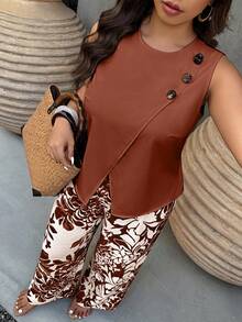 SHEIN LUNE Plus Size Summer Casual Sleeveless Ruffled Crop Top And Wide Leg Pants 2 Pieces Set - Burgundy - View 6
