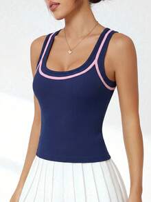 CourtClass Contrast Trim Scoop Neck Sleeveless Fitted Sports Tank Top, Summer - Navy Blue - View 4
