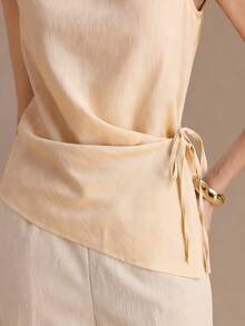 Uhlyne Áo kiểu nữ thanh lịch, không tay, chất liệu giả vải lanh, thắt nơ phía trước, xếp ly, thích hợp cho mùa xuân, hè và thu. - Vàng nhạt - Xem 3