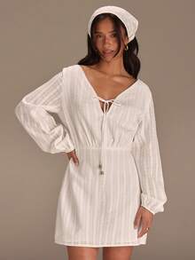 Athîral Women's Autumn Vacation Front Tie Lantern Sleeve Mini Dress Golf White Sexy - White - View 5