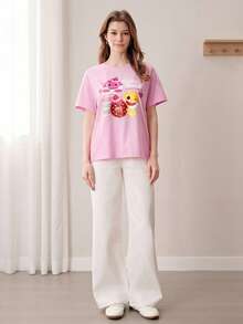 BABY SHARK X SHEIN 女士彩色印花圆领短袖T恤 - 粉色 - 查看 2