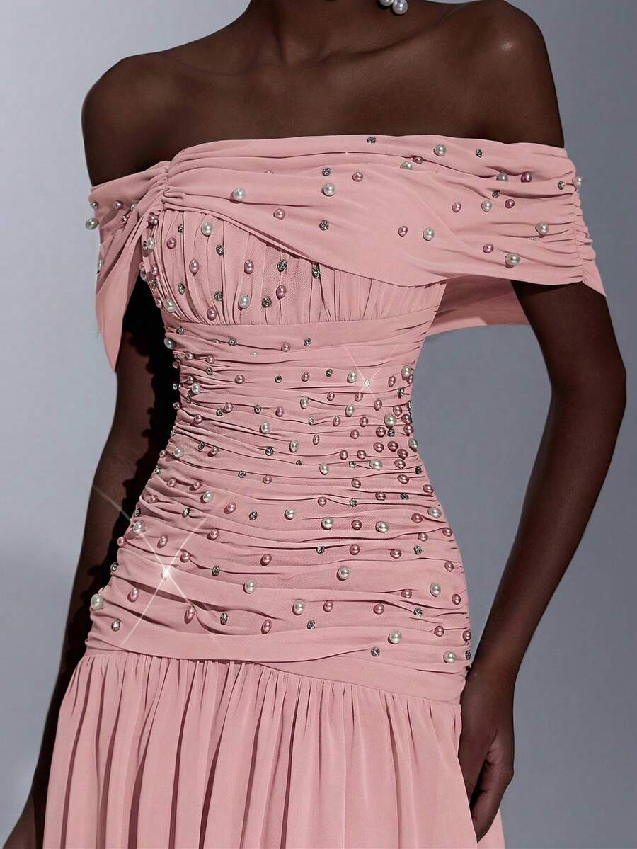 Elegant High-Stretch Tulle Off-Shoulder Waist-Slimming Ruched Handcrafted Beaded Rhinestone A-Line Dress, Suitable For Dates, Vacations, Singles Parties, Weddings, Formal Galas - Pink - View 1