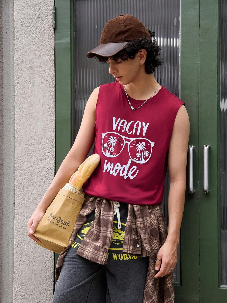 Open Phase 男士夏季字母和棕榈树印花休闲无袖背心，复古美式，男女皆宜，宽松版型夏季服装——适合日常穿着和夏季度假穿着。 - 酒紅色 - 查看 1