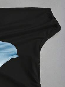 Sweetra 女士休闲印花不对称肩部上衣 - 藍色 - 查看 3