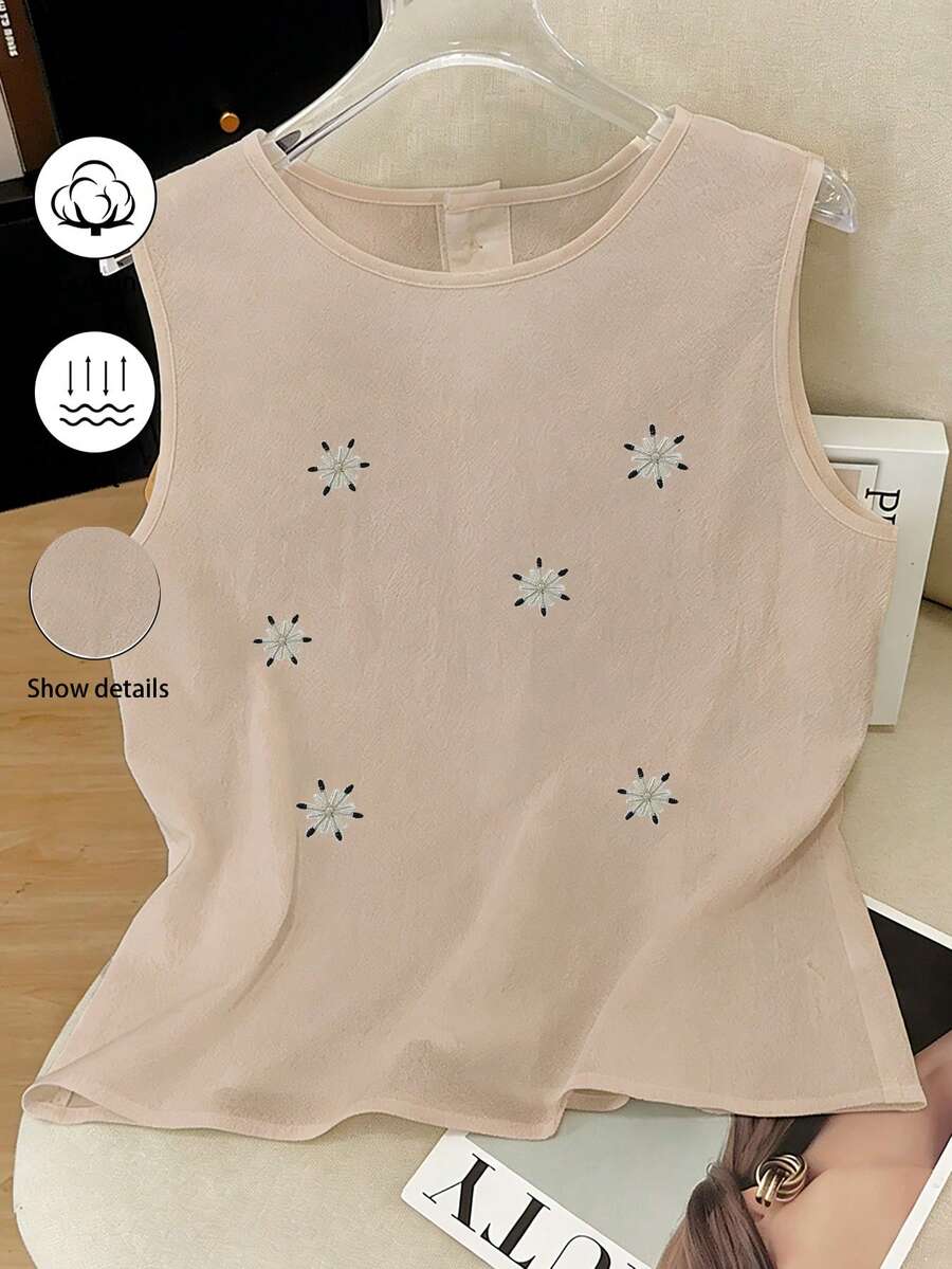 GlowEve 女士夏季无袖法式刺绣亚麻衬衫 - 卡其色 - 查看 1