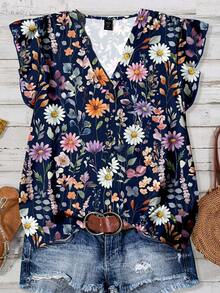 SHEIN VCAY Camicia casual minimalista con stampa floreale ad acquerello di margherite, adatta per l'estate, taglie comode - Multicolore - Visualizzare 1
