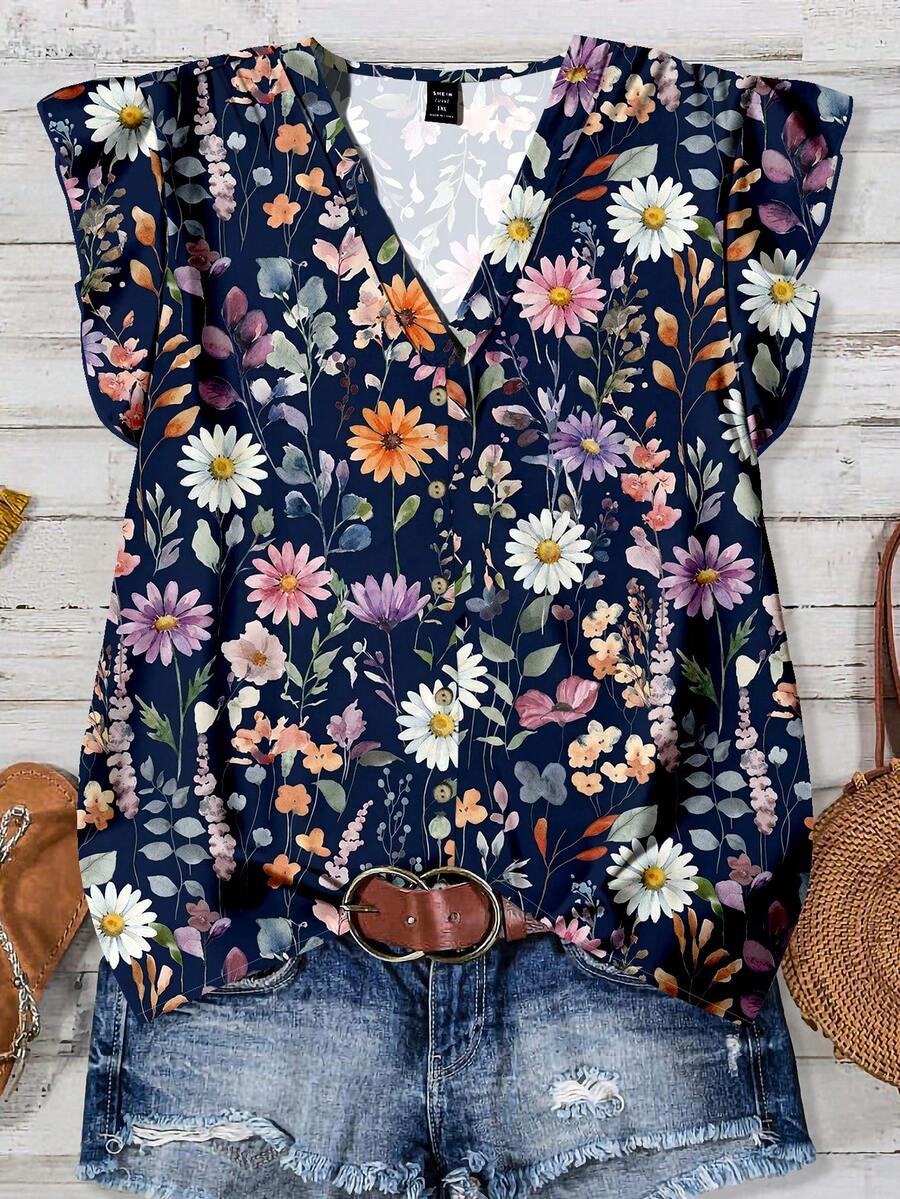 SHEIN VCAY Camicia casual minimalista con stampa floreale ad acquerello di margherite, adatta per l'estate, taglie comode - Multicolore - Visualizzare 1