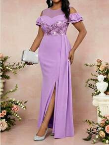 Fleurora Plus Size Women Elegant Purple Floral Sequin Patchwork Ruffle Off-Shoulder Dress,Summer Wedding Guest Chic Evening Formal Party Graduation Outfits - Purple - View 7