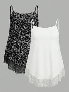 SHEIN EZwear 两件套休闲度假浪漫印花及纯白色加大码女式吊带背心和吊带衫，适合夏季、海滩、音乐节等场合。 - 彩色 - 查看 1