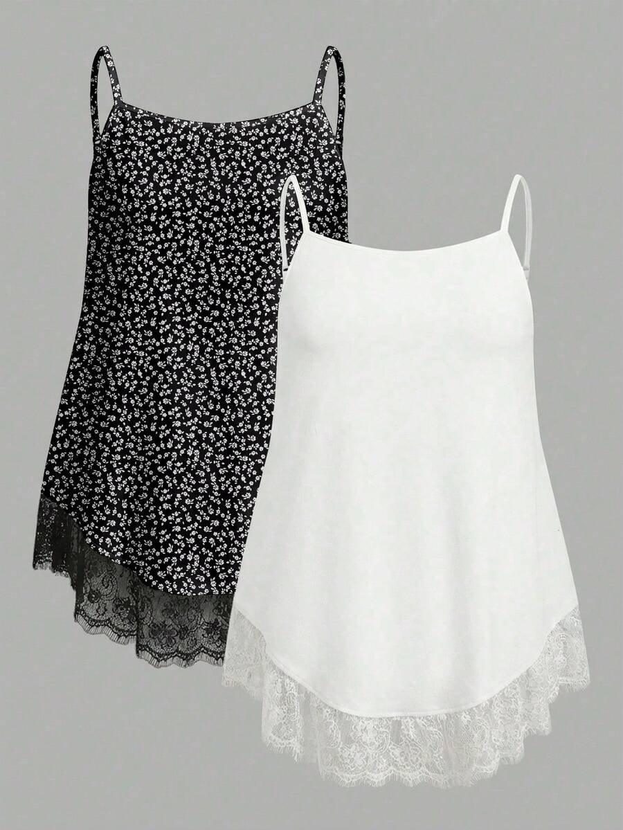 SHEIN EZwear 两件套休闲度假浪漫印花及纯白色加大码女式吊带背心和吊带衫，适合夏季、海滩、音乐节等场合。 - 彩色 - 查看 1