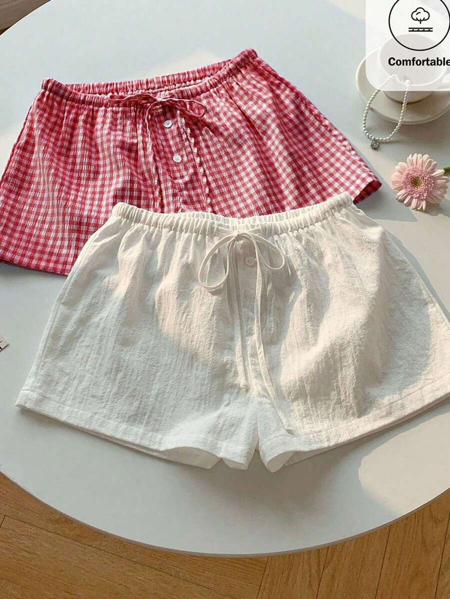 Comfortcana Women's Cute Red And White Checkered Linen Shorts 2 Pieces Set, Summer Home, Spring Vacation Beach Wear, Comfortable Plaid Drawstring Shorts - Multicolor - View 1