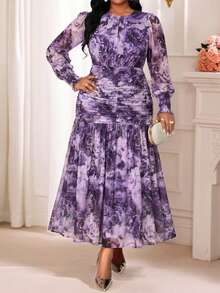 SHEIN Lady Plus Size Elegant Floral Print Ruffle Dress,Purple Autumn Wedding Guest Dress For Women,Classy Party Graduation Ceremony Spring Casual Summer Dresses - Purple - View 2