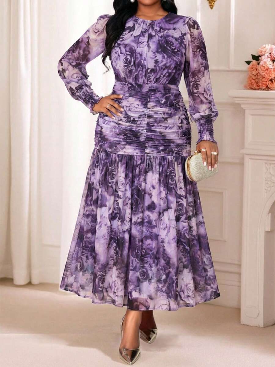 SHEIN Lady Plus Size Elegant Floral Print Ruffle Dress,Purple Autumn Wedding Guest Dress For Women,Classy Party Graduation Ceremony Spring Casual Summer Dresses