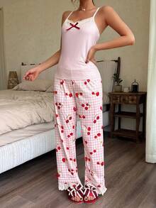 Napfluff 2pcs Lace Patchwork V-Neck Camisole Top And Fruit Plaid Print Pants Set - Baby Pink - View 5