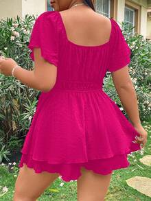Flirla Tuta corta da donna taglie forti, con collo a cuore, coulisse in vita, vita elastica, doppio volant sull'orlo, maniche corte, adatta per appuntamenti estivi e viaggi - Fucsia - Visualizzare 2