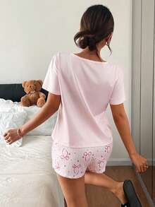 Dream Adore 2pcs Girly Pink Bow Printed Short Sleeve Shorts Pajama Set - Multicolor - View 2