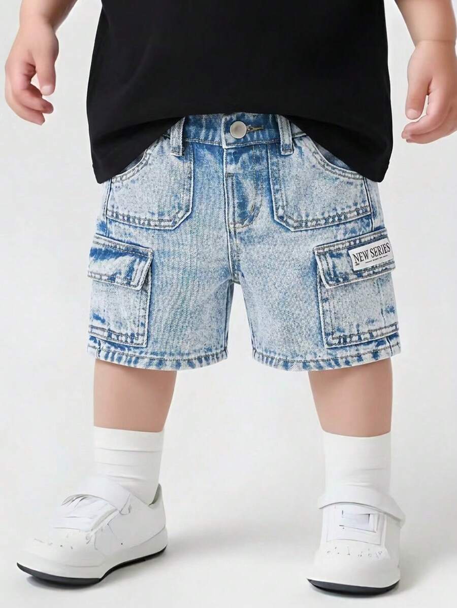 SHEIN Playful Pals Quần short denim cargo nhiều túi, màu xanh nhạt, đa năng, kiểu dáng thường ngày cho bé trai. - Rửa nhẹ - Xem 1