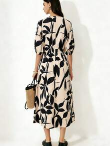 Selamara New V-Neck 3/4 Sleeve Leaf Print Slimming Long Dress For Women - Apricot - View 2