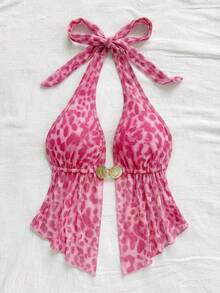 Soleia Camiseta sin espalda con cuello halter y estampado de leopardo, sexy para vacaciones - Rosa - Ver 5