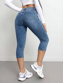 SHEIN Tall Women's High Waist Pocket Skinny Casual Versatile Cropped Jeans - Medium Wash - View 2
