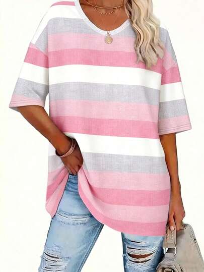 EMERY ROSE Plus Size Women's Casual Textured Stripe Printed T-Shirt, With American Minimalist Style