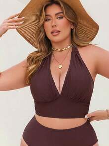 SHEIN Swim Lushore 新款优雅百搭大码女式泳衣上装，棕色泳衣上装，休闲舒适，可调节百搭大码泳衣上装，适合度假穿着，女士吊带背心，曲线身材，大码棕色泳衣，大码女式夏季服装 - 棕色 - 查看 4