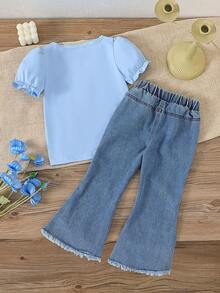 SHEIN Playful Pals 2件套 女童圆领短袖3D蝴蝶结灯笼袖T恤+弹力腰牛仔蓝阔腿裤 休闲时尚套装，夏季新品 - 淺藍色 - 查看 2