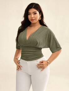 Auralis Plus Size Sexy Solid Deep V-Neck Cinched Waist T-Shirt, Summer - Red Violet - View 3