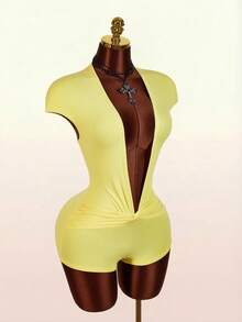Amplova Deep Draped Neck Twist Front Jumpsuit With Ruched Sleeves - Light Yellow - View 7