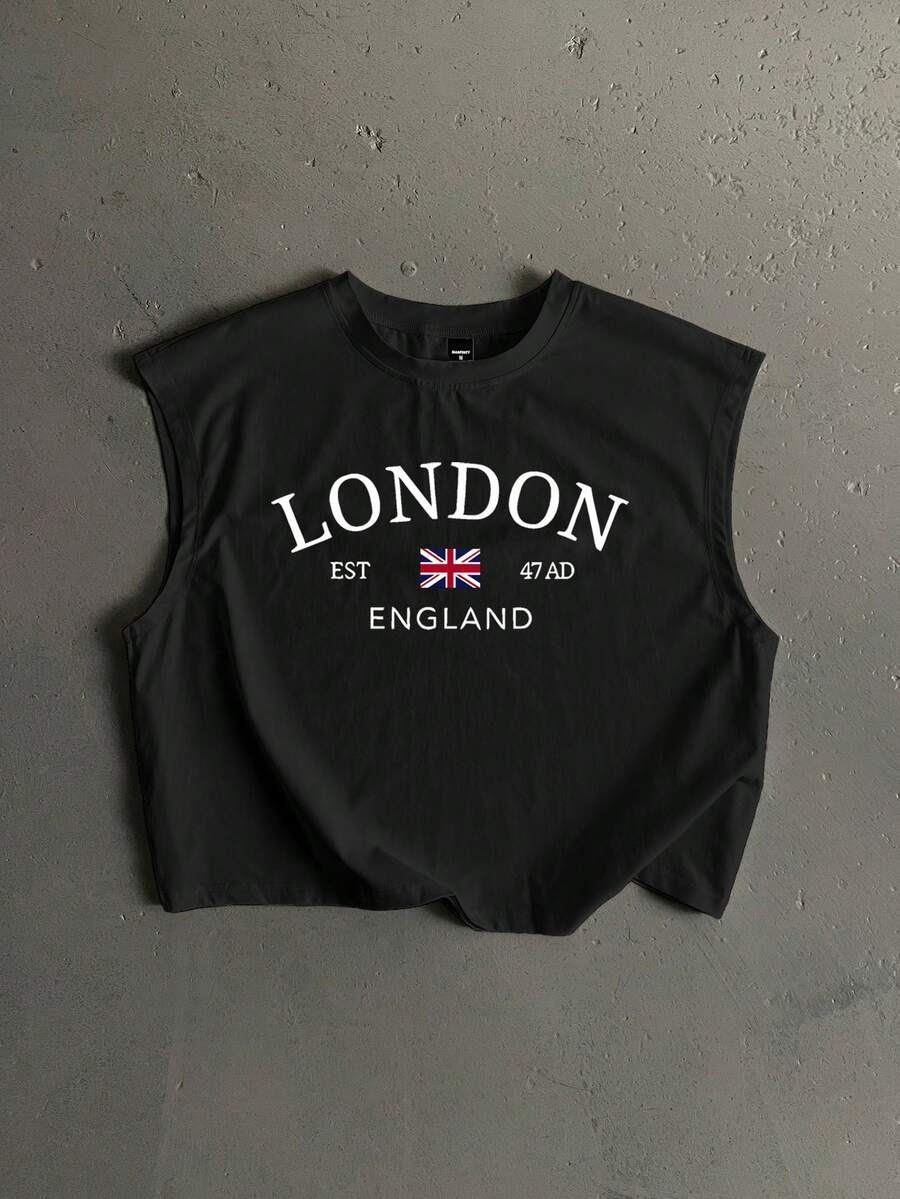 StoneGrade 伦敦英格兰旗帜字母印花露脐宽松无袖背心，时尚休闲穿搭，约会聚会必备，适合作为男友礼物 - 黑色 - 查看 1