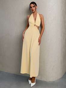 SHEIN Glamour Seductive Pale Yellow Summer Vacation Holiday Maxi Dress,Deep V-Neck Halter Cut Out Knit Wrap Dress,Metal Ring Ruched Resort Wear Elegant Party Dress - Pale Yellow - View 6