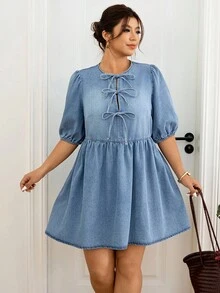 Lounesse Plus Size Women Light Blue Denim Mini Dress,Tie Front Puff Sleeve Round Neck Ruched Ruffle Hem Summer Casual Everyday Outfits,Y2K Vintage Date Dress - Blue - View 9