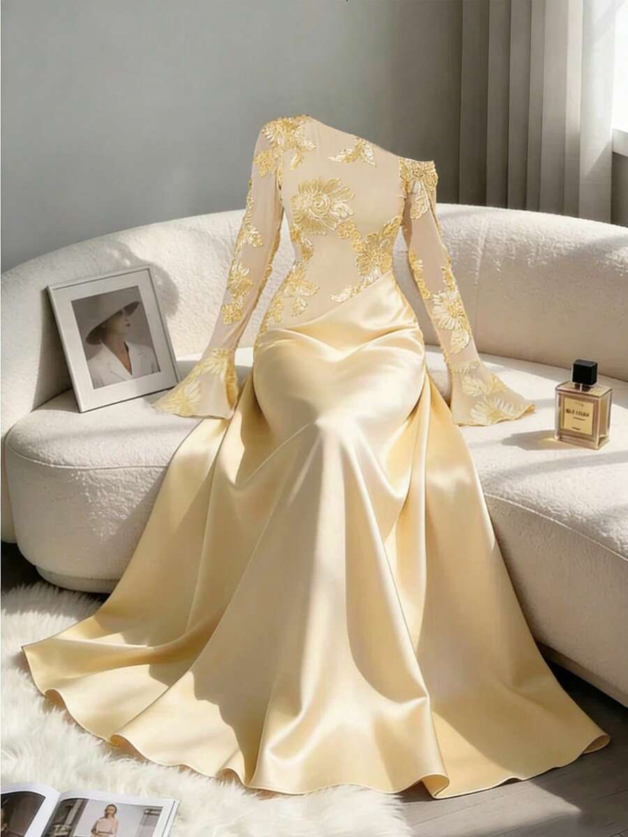 Modelyn Gaun Wanita Musim Gugur Warna Cokelat Seksi dengan Bahu Asimetris, Bordir Jala, Lengan Panjang, Pinggang Tinggi, Model A-Line - Kuning - View 1