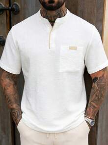 Manfinity Homme 男士纯色贴袋夏季休闲多功能短袖衬衫 男士沙滩亚麻衬衫 - 白色 - 查看 5