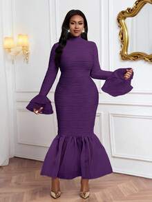 Fleurora 大码优雅派对纯色纹理喇叭袖鱼尾连衣裙 - 紫色 - 查看 7