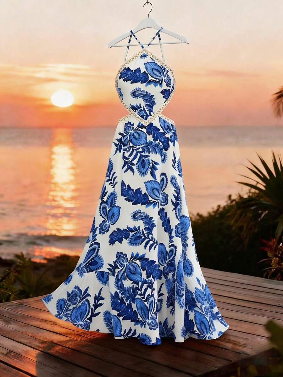 GlowEve 蓝色印花露背系带连衣裙，适合度假穿着。 - 藍色 - 查看 1