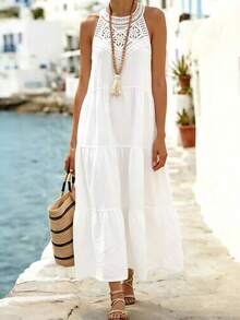 Balvessa 女士时尚优雅花卉荷叶边领宽松无袖连衣裙，休闲亚麻质感褶皱连衣裙，纯色春夏款 - 白色 - 查看 3