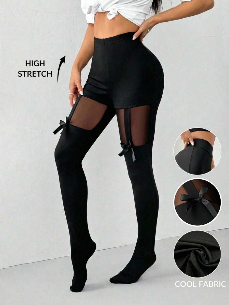 SHEIN EZwear Women's Solid High Waist Bow Decorated Mesh Patchwork Tights Summer Going Out Sexy Outfits - Black - View 1