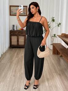 SHEIN LUNE Plus Size Brown Lace Contrast Mesh Camisole Jumpsuit, Women's Cinched Waist Bowknot Hem Sleeveless Yoga Casual Jumpsuit, Summer, Everyday Gym - Black - View 9