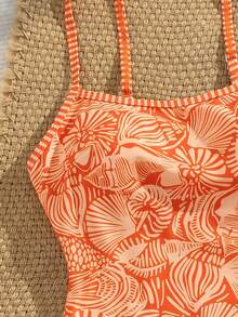 Swim Mod 春夏新款欧美风性感连体泳衣，海洋生物印花撞色细肩带钢圈聚拢挂脖露背连体泳衣，适合女性、青少年，甜美保暖，春季海滩度假风 - 亮橙色 - 查看 5