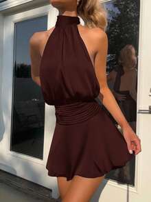 SHEIN EZwear 2026夏季性感露背细肩带系带装饰迷你连衣裙，咖啡棕色 - 咖啡棕 - 查看 5