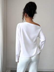 Elenzga Áo kiểu nữ tay dài xếp ly lệch vai mới mùa thu - trắng - Xem 2