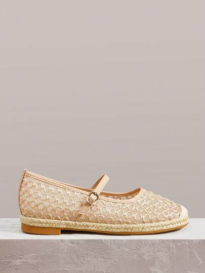 Styleloop Women Shoes Mesh Lace Upper Design Round Head Flat Bottom French Elegant Gentle Temperament Straw Sole Shoes Apricot Women's Single Shoes Are Suitable For Daily Commuting And Vacation Wear